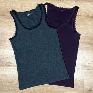 Gap Body Charcoal & Plum Ribbed Lace Tanks Size L